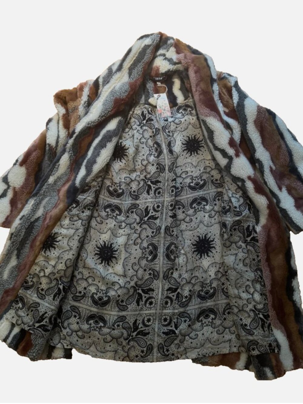 NEW Johnny Was Ziggy Faux Fur Open Front Coat Boho Chic Multi Stripe L R48023 - Picture 11 of 14